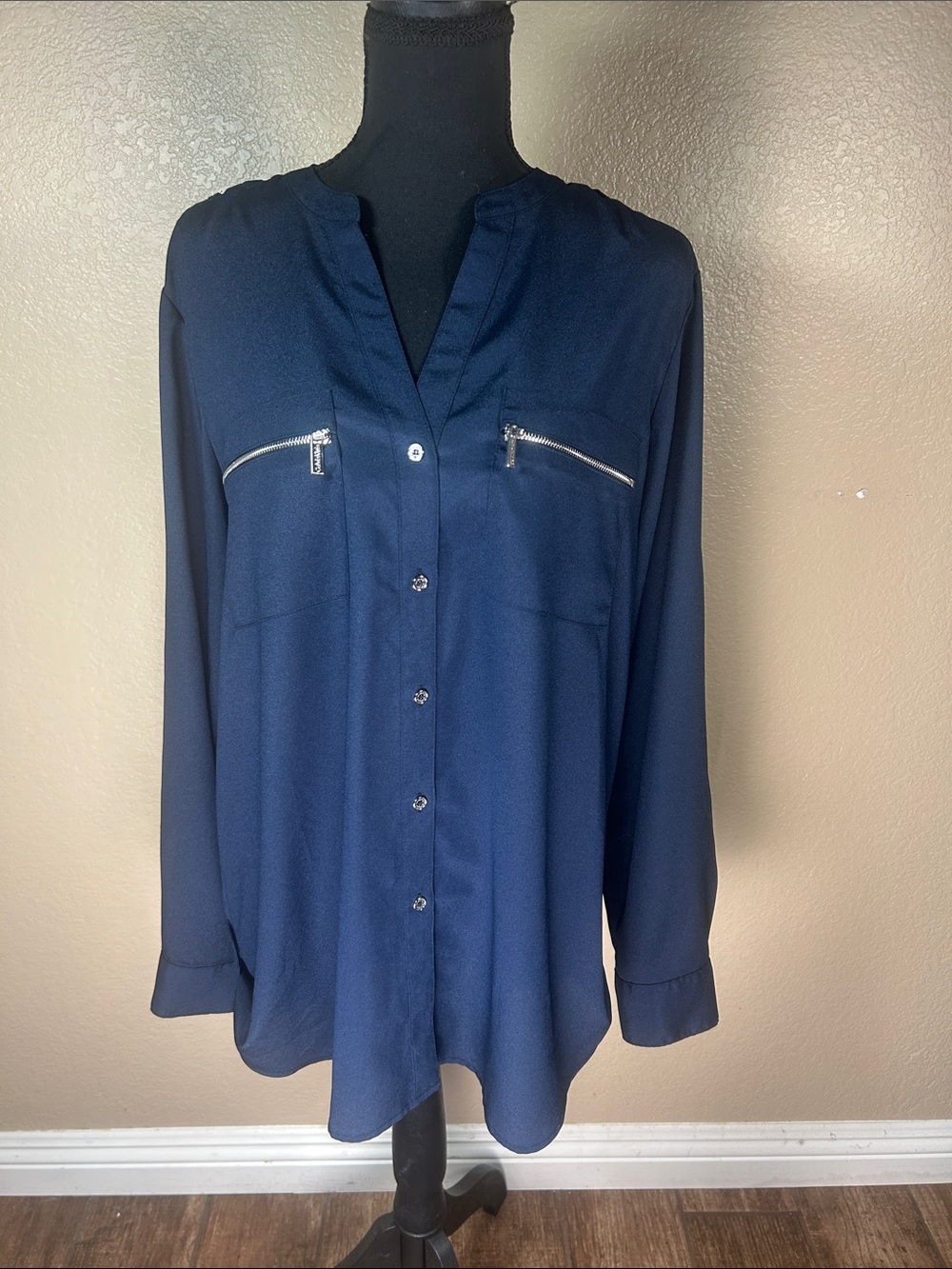 Calvin Klein Navy Zip Pocket Button Front Blouse Size Large